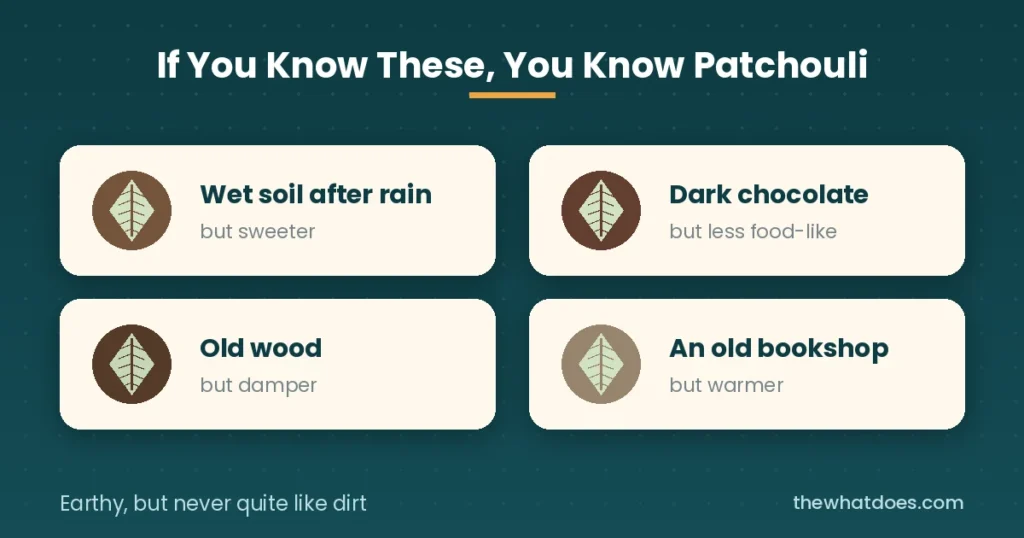 What patchouli smells like compared with soil, chocolate and old wood